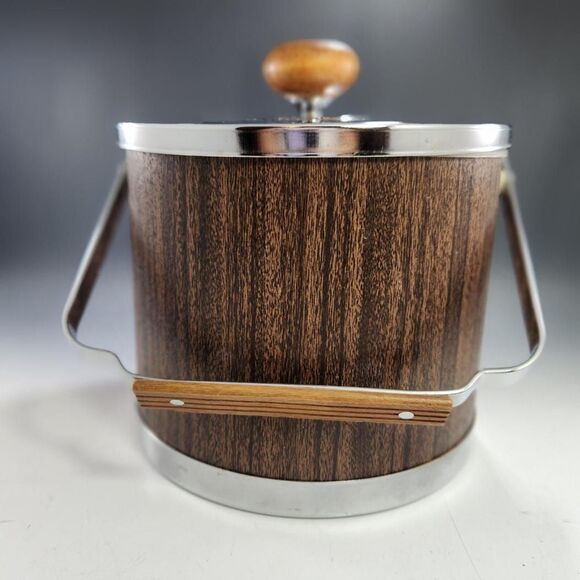 Atapco Chrome Wood Ice Bucket Vintage MCM w Lid Plastic Liner Tongs VTG Barware - Picture 13 of 13